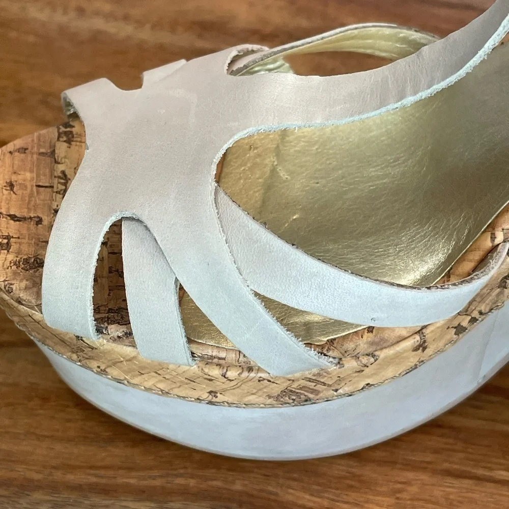Seychelles Leather Cork T-Strap Platform Heel Strappy Sandals Taupe Off White‎ 9